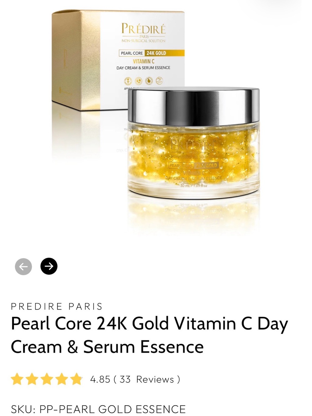 New Predire Paris Pearl Core 24K Gold Vitamin C Day Cream & Serum Essence - Gold